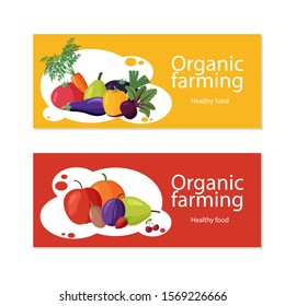 Two horizontal banners with colorful compositions of fresh vegetables, fruits and berries. Flat style, vector illustration.