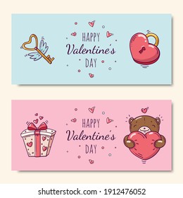 Two horizontal banners with with cute love illustration in doodle style for Valentine s Day