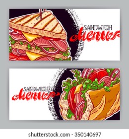 Two horizontal banners with delicious sandwiches. hand-drawn illustration