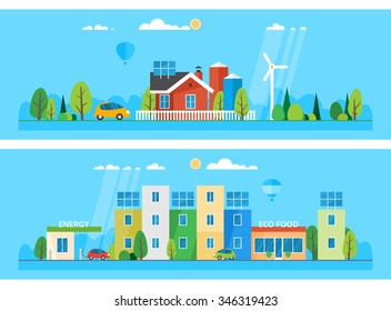 Two horizontal banners. Detached house on a background of nature. Modern city. Ecosystem. The use of alternative energy sources