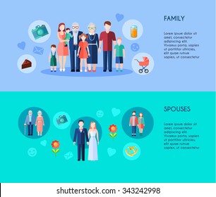 Two horizontal banners of extended family with different generations members and various age spouses flat vector illustration