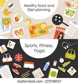 Two horizontal banners in a flat style: Healthy food and diet plan. Sports, fitness, yoga