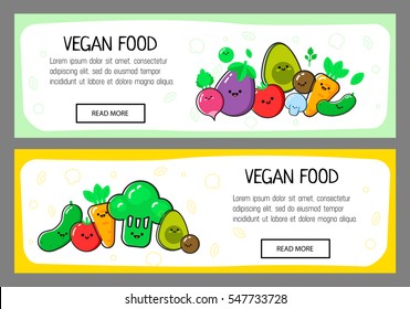 Two horizontal banners with fresh funny vegetables made in flat style. Healthy lifestyle or diet vector web-banner. Organic farm illustration.