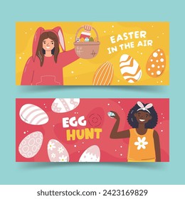 Two horizontal banners with girls and Easter eggs. Fun activity egg hunt. Caucasian and african american character design. Rectangular template. Easter in the air hand drawn flat vector illustration