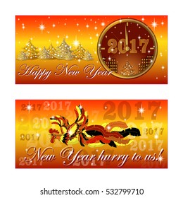 Two horizontal banners greeting the New Year. Vector. Gold watches and tree with stars and sparks. Flying rooster in Chinese style on the background orange red colors . Year of the Red Rooster.