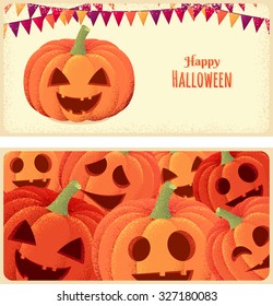 Two horizontal banners with Halloween pumpkins and party flags. Pumpkin background. Retro vector illustration. Place for your text