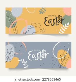 Zwei horizontale Banner mit handgezeichneten Osterdekorationen in Pastellfarben. Frohe Osterbanner. Minimalistisches Design mit Eiern, Kaninchen, Blumen und Pflanzen
