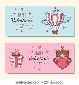 Zwei horizontale Banner mit Heißluftballon und Teddybär und Geschenkbox im Doodstyle für den Valentinstag