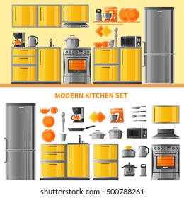 Two horizontal banners with kitchen realistic design concept modern domestic technique and kitchenware set flat vector illustration