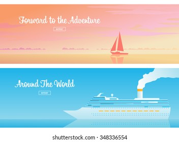 Two horizontal banners. A lone sailboat at sea. Cruise ship in the ocean. Travel by sea.