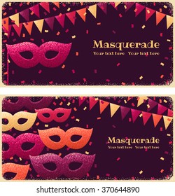 Two horizontal banners with masquerade masks, triangular flags and confetti. Retro vector illustration. Design for invitation, card, poster, flyer. Place for your text