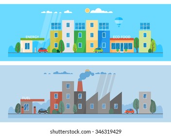 Two horizontal banners. Modern clean city. Environmental pollution. Factory polluting the city. Ecosystem. The use of alternative energy sources