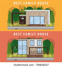 Two horizontal banners with two modern family houses with street scenery vector illustration of a flat
