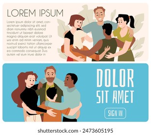 Dos Anuncios Horizontales. Personas abrazándose. Comunidad de Asistencia y amistad. Grupo de hombres y mujeres felices formando un círculo. Concepto de solidaridad, ayuda y amabilidad. Ilustración vectorial