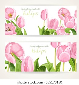Two horizontal banners with pink flowers tulips 
