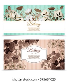 Two horizontal banners with printable cards decorated by cotton blossoms and dry flowers compositions flat vector illustration