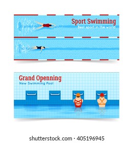 Two horizontal banners set of best sport swimming and grand openning of new swimming pool isolated flat vector illustration