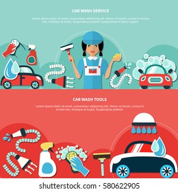 Two horizontal banners set with car wash worker character cartoon images of equipment and cleaning agents vector illustration