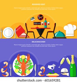 Two horizontal banners set with flat restaurant icons food drinks dish elements signs and text captions vector illustration 