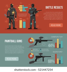 Two horizontal banners set with paintball battle results and guns statistics flat isolated vector illustration