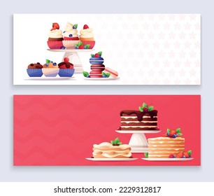 Two horizontal banners set with various desserts decorated with fresh berries and mint on white and red backgrounds flat isolated vector illustration