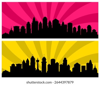 Zwei horizontale Banner mit generischen Skylines bei Sonnenaufgang und Sonnenuntergang, mit radialem Hintergrund