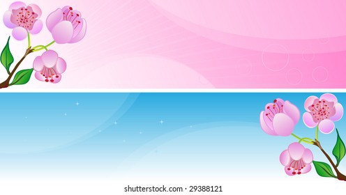 Two horizontal banners with spring blossom flowers and copy space for Your simple text. Vector.