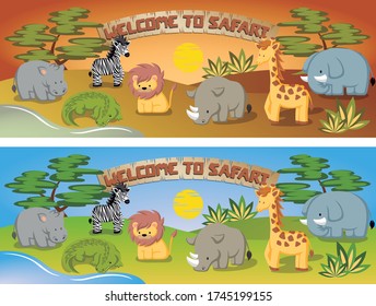 Two horizontal banners to visit the safari with some animals. Vector illustration in a cartoon style.