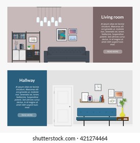 Two horizontal banners for web design. The modern interior design in a flat style. Living room. Corridor. A cozy sofa and other furniture in the interior space.