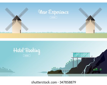 Two horizontal banners. Windmills in the field. Old Europe. The hotel is on the coast. Apartment rent. Norway