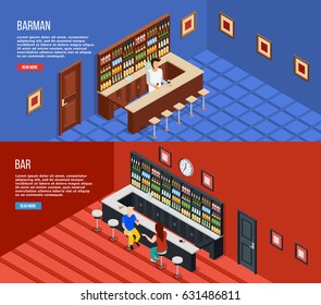 Two horizontal bar people isometric banner set with barman headline and read more buttons vector illustration