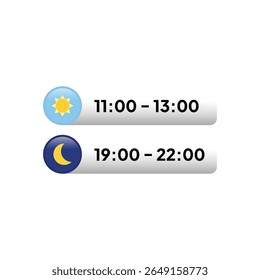 Duas barras horizontais exibem intervalos de tempo: "11:00 13:00" com um ícone de sol, e "19:00 22:00" com um ícone de lua, contra um fundo branco, transmitindo um horário noturno diurno.