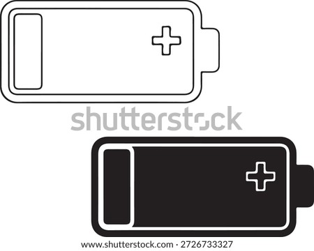 Two horizontal battery icons with partial charge status and plus sign symbol. Electronic energy source illustration representing power supply mobile device accumulator electrical storage charging state indicator ui design elements for hardware monitoring.