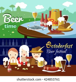 Two horizontal beer flat banner set with titles of beer time and Oktoberfest beer festival vector illustration