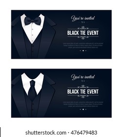 Two horizontal Black Tie Event Invitations.  Elegant black and white cards. Black banners set with businessman suits. Vector illustration