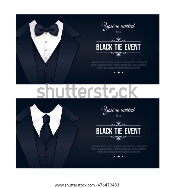 Two horizontal Black Tie Event Invitations. \
Elegant black and white cards. Black banners set with businessman\
suits. Vector illustration
