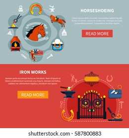 Two horizontal blacksmith banners with hammerwork and forging icons editable text description and read more button vector illustration