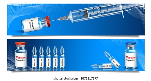 Zwei horizontale blaue Banner der Immunisierung und Impfung gegen Covid-19. Coronavirus-Impfstoff. Realistische Illustration. Vektorgrafik.