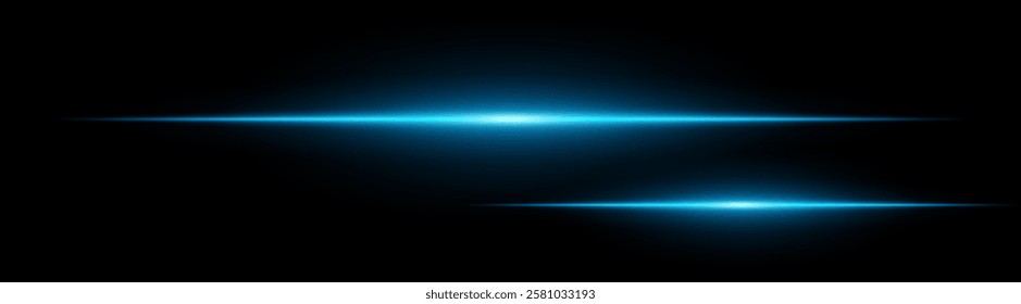 Two horizontal blue light beams glowing on black background. Abstract digital energy effect. Futuristic technology and sci-fi concept for design and wallpaper