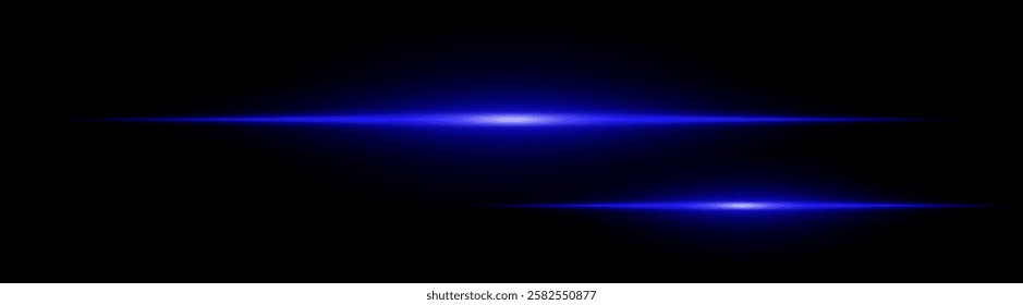 Two horizontal blue light beams glowing on black background. Abstract digital energy effect. Futuristic technology and sci-fi concept for design and wallpaper