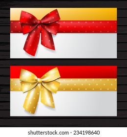 Two horizontal bright banner templates with ribbons and bows, vector flyer set in red and gold  colors with place for text