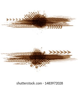 Two horizontal brown grunge frames with tire tracks and ink splashes