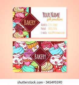Two horizontal business card template for Pastry shop. Vector clip art illustration