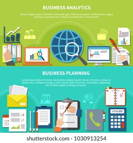 Two horizontal business items banner set with analytic and planning descriptions and with flat elements vector illustration
