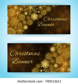 Two horizontal christmas banners with snowflakes of different size and shape flat isolated vector illustration