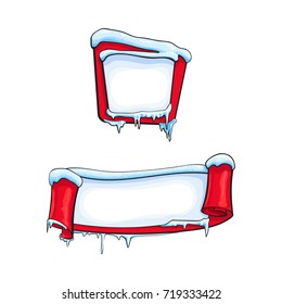 Two horizontal Christmas, winter banner with ice, icicles and sparkling snow, sketch cartoon vector illustration isolated on white background. Couple of blank horizontal winter banner templates