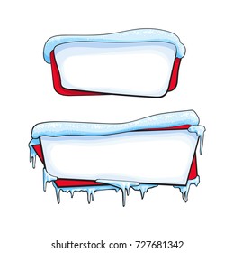 Two horizontal Christmas, winter banner with ice, icicles and sparkling snow, sketch cartoon vector illustration isolated on white background. Couple of blank horizontal winter banner templates