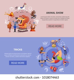 Two horizontal circus cartoon colored banner set with animal show and tricks descriptions vector illustration