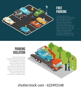 Two horizontal colored car parking banner set with free parking and violation vector illustration