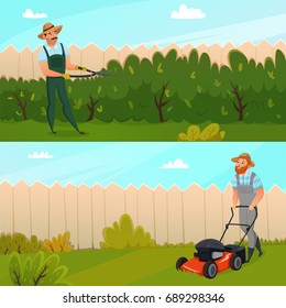 Two horizontal colored cartoon gardening work banner set with two working gardeners vector illustration